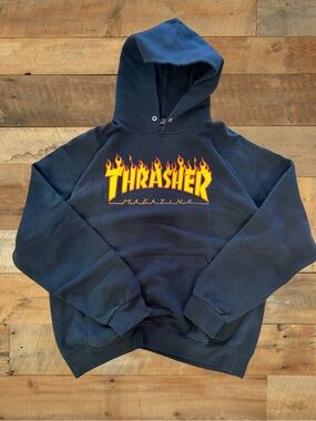 Black Thrasher Flame Logo Hoodie Tagged M Y2K